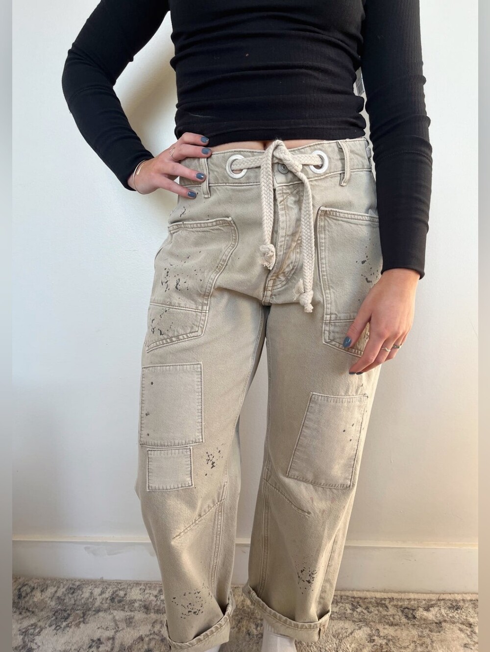 We The Free Moxie Low Slung Pull On Barrel Jean In Jetty Splatter Size 28S